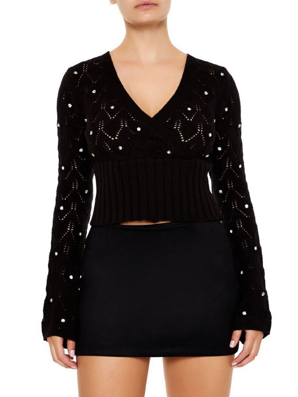 Forever 21 Black V-Neck Rhinestone Cropped Knit Sweater